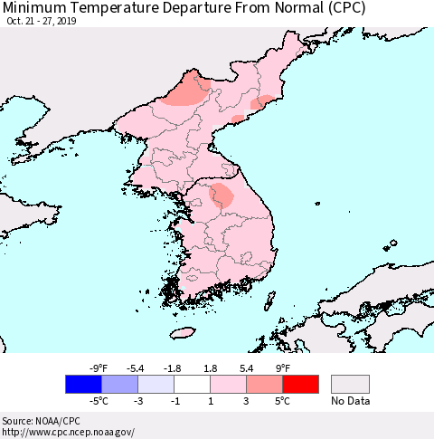 Korea Mean Minimum Temperature Departure from Normal (CPC) Thematic Map For 10/21/2019 - 10/27/2019