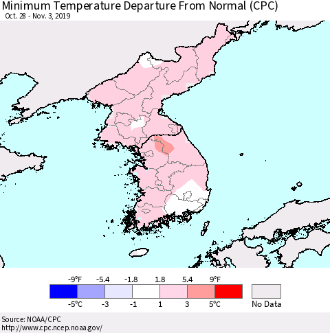 Korea Mean Minimum Temperature Departure from Normal (CPC) Thematic Map For 10/28/2019 - 11/3/2019
