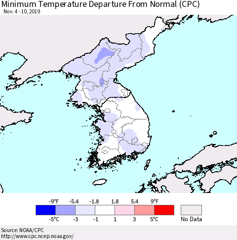 Korea Mean Minimum Temperature Departure from Normal (CPC) Thematic Map For 11/4/2019 - 11/10/2019