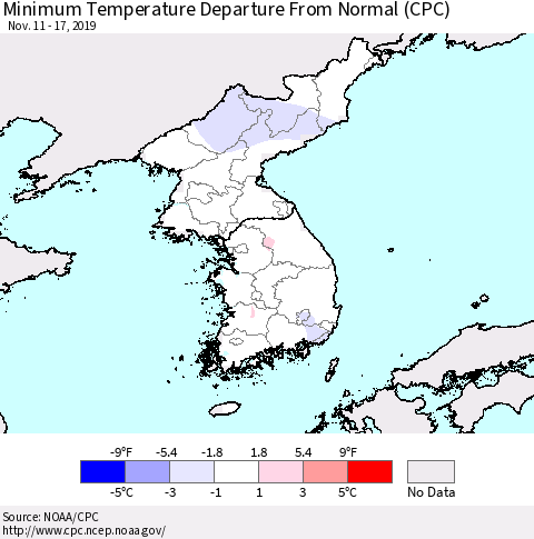 Korea Mean Minimum Temperature Departure from Normal (CPC) Thematic Map For 11/11/2019 - 11/17/2019