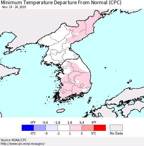Korea Mean Minimum Temperature Departure from Normal (CPC) Thematic Map For 11/18/2019 - 11/24/2019