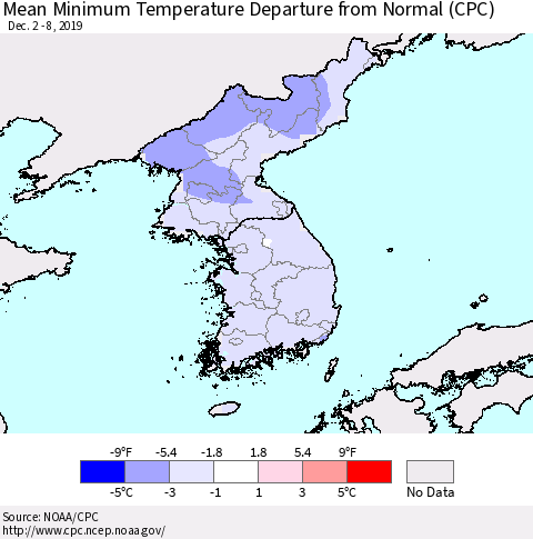 Korea Mean Minimum Temperature Departure from Normal (CPC) Thematic Map For 12/2/2019 - 12/8/2019