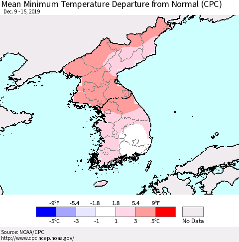 Korea Mean Minimum Temperature Departure from Normal (CPC) Thematic Map For 12/9/2019 - 12/15/2019