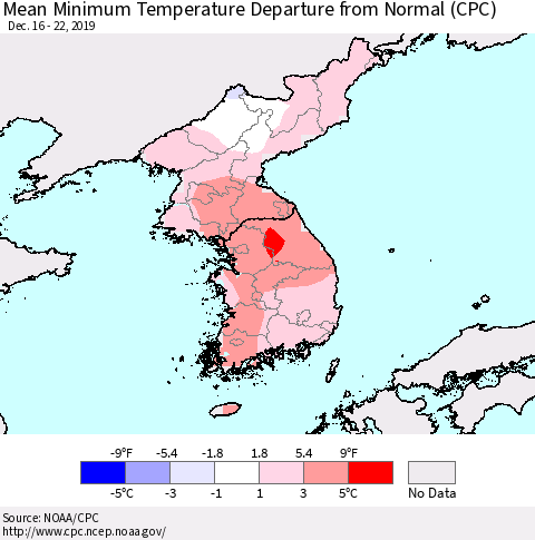 Korea Mean Minimum Temperature Departure from Normal (CPC) Thematic Map For 12/16/2019 - 12/22/2019