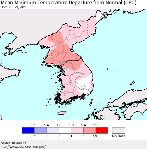 Korea Mean Minimum Temperature Departure from Normal (CPC) Thematic Map For 12/23/2019 - 12/29/2019