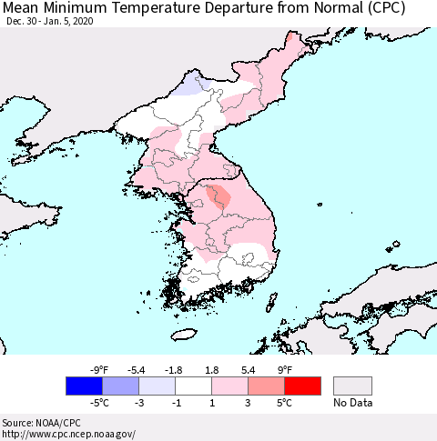 Korea Mean Minimum Temperature Departure from Normal (CPC) Thematic Map For 12/30/2019 - 1/5/2020