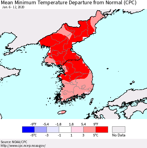 Korea Mean Minimum Temperature Departure from Normal (CPC) Thematic Map For 1/6/2020 - 1/12/2020