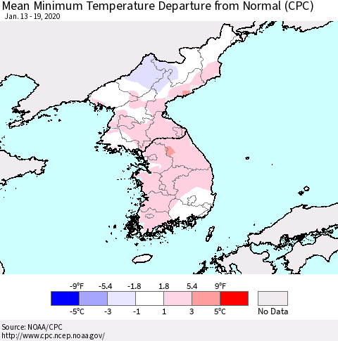 Korea Mean Minimum Temperature Departure from Normal (CPC) Thematic Map For 1/13/2020 - 1/19/2020