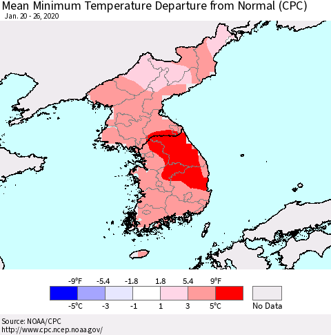 Korea Mean Minimum Temperature Departure from Normal (CPC) Thematic Map For 1/20/2020 - 1/26/2020