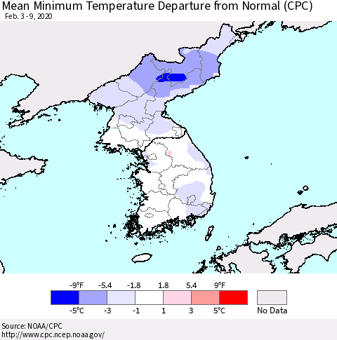 Korea Mean Minimum Temperature Departure from Normal (CPC) Thematic Map For 2/3/2020 - 2/9/2020