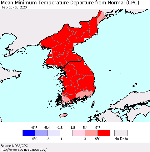 Korea Mean Minimum Temperature Departure from Normal (CPC) Thematic Map For 2/10/2020 - 2/16/2020