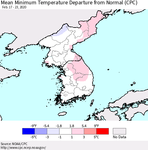 Korea Mean Minimum Temperature Departure from Normal (CPC) Thematic Map For 2/17/2020 - 2/23/2020