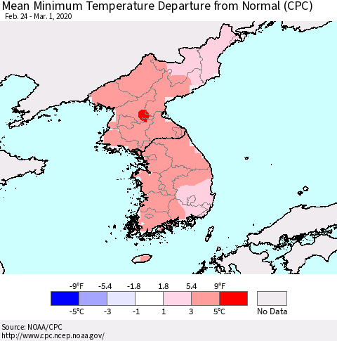 Korea Mean Minimum Temperature Departure from Normal (CPC) Thematic Map For 2/24/2020 - 3/1/2020