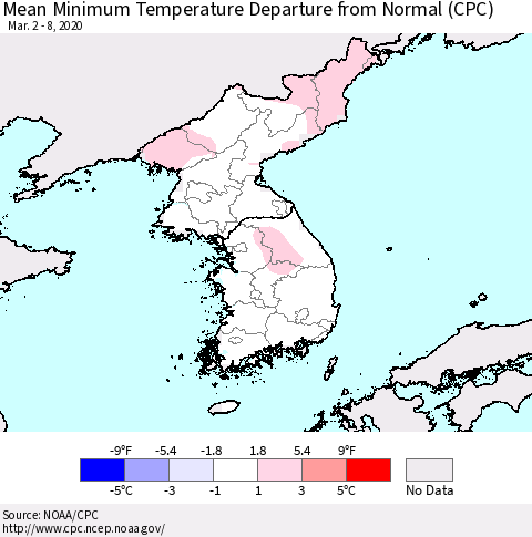 Korea Mean Minimum Temperature Departure from Normal (CPC) Thematic Map For 3/2/2020 - 3/8/2020