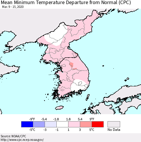 Korea Mean Minimum Temperature Departure from Normal (CPC) Thematic Map For 3/9/2020 - 3/15/2020