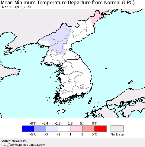 Korea Mean Minimum Temperature Departure from Normal (CPC) Thematic Map For 3/30/2020 - 4/5/2020