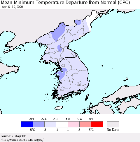 Korea Mean Minimum Temperature Departure from Normal (CPC) Thematic Map For 4/6/2020 - 4/12/2020