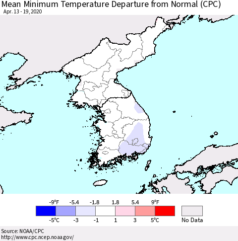 Korea Mean Minimum Temperature Departure from Normal (CPC) Thematic Map For 4/13/2020 - 4/19/2020