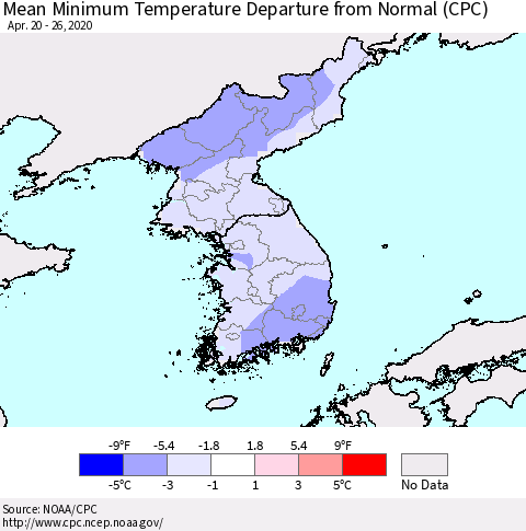 Korea Mean Minimum Temperature Departure from Normal (CPC) Thematic Map For 4/20/2020 - 4/26/2020