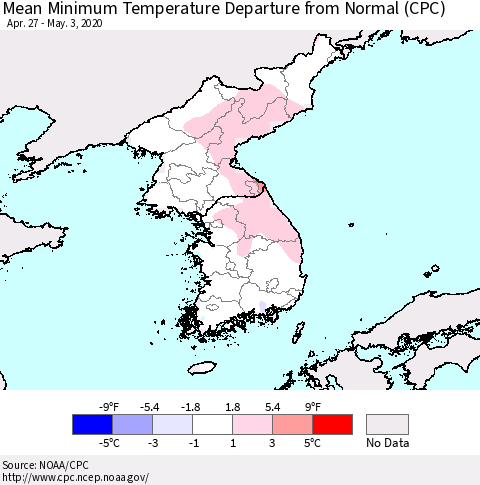Korea Mean Minimum Temperature Departure from Normal (CPC) Thematic Map For 4/27/2020 - 5/3/2020