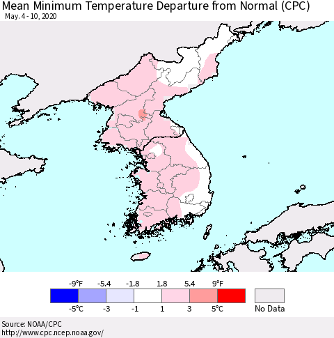Korea Mean Minimum Temperature Departure from Normal (CPC) Thematic Map For 5/4/2020 - 5/10/2020