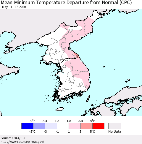 Korea Mean Minimum Temperature Departure from Normal (CPC) Thematic Map For 5/11/2020 - 5/17/2020