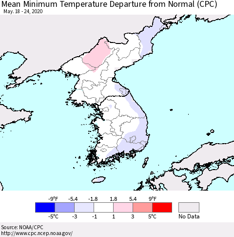 Korea Mean Minimum Temperature Departure from Normal (CPC) Thematic Map For 5/18/2020 - 5/24/2020