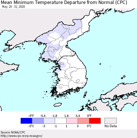 Korea Mean Minimum Temperature Departure from Normal (CPC) Thematic Map For 5/25/2020 - 5/31/2020