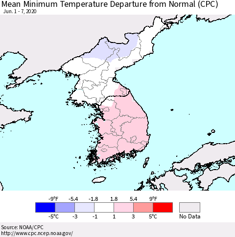 Korea Mean Minimum Temperature Departure from Normal (CPC) Thematic Map For 6/1/2020 - 6/7/2020