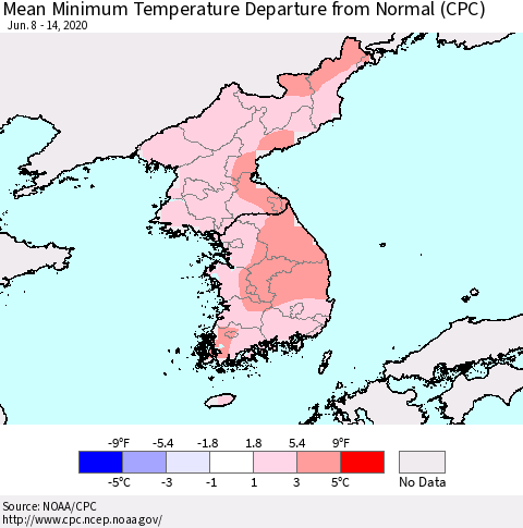 Korea Mean Minimum Temperature Departure from Normal (CPC) Thematic Map For 6/8/2020 - 6/14/2020