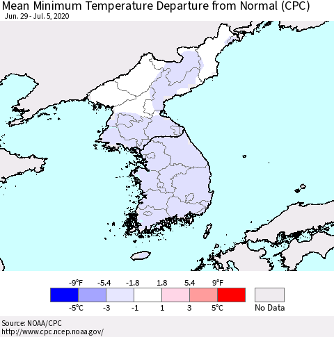 Korea Mean Minimum Temperature Departure from Normal (CPC) Thematic Map For 6/29/2020 - 7/5/2020