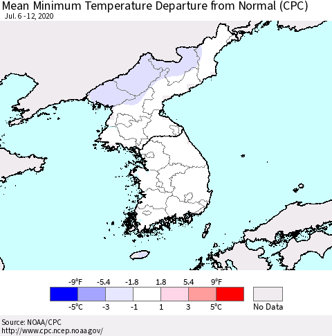 Korea Mean Minimum Temperature Departure from Normal (CPC) Thematic Map For 7/6/2020 - 7/12/2020