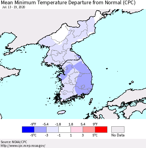 Korea Mean Minimum Temperature Departure from Normal (CPC) Thematic Map For 7/13/2020 - 7/19/2020