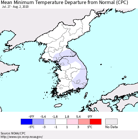 Korea Mean Minimum Temperature Departure from Normal (CPC) Thematic Map For 7/27/2020 - 8/2/2020