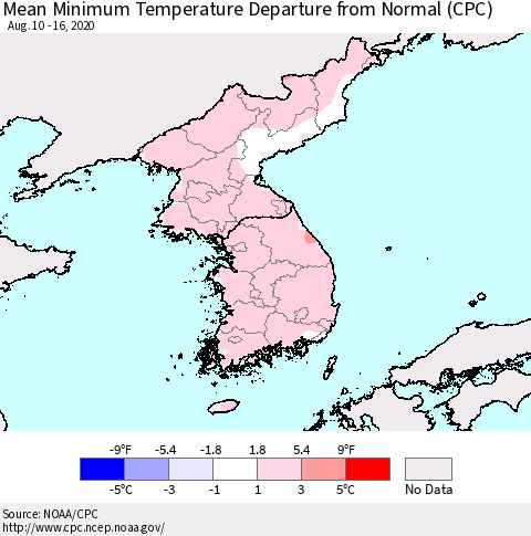 Korea Mean Minimum Temperature Departure from Normal (CPC) Thematic Map For 8/10/2020 - 8/16/2020