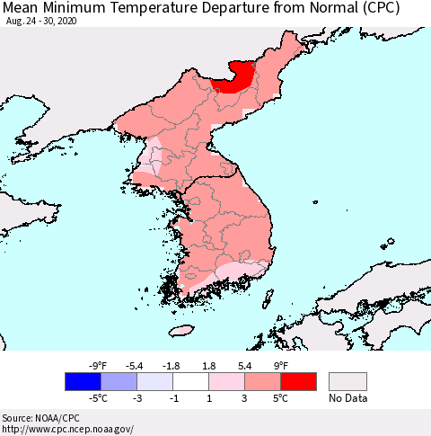 Korea Mean Minimum Temperature Departure from Normal (CPC) Thematic Map For 8/24/2020 - 8/30/2020