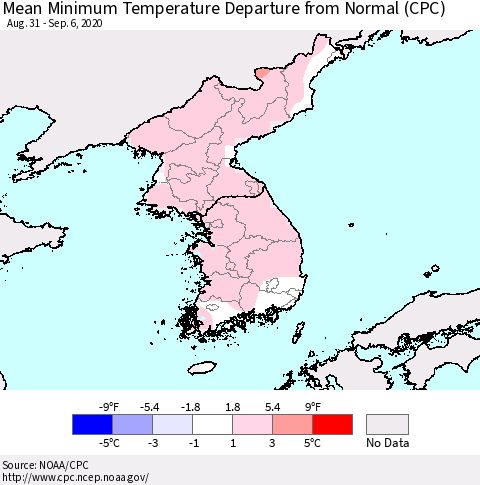 Korea Mean Minimum Temperature Departure from Normal (CPC) Thematic Map For 8/31/2020 - 9/6/2020