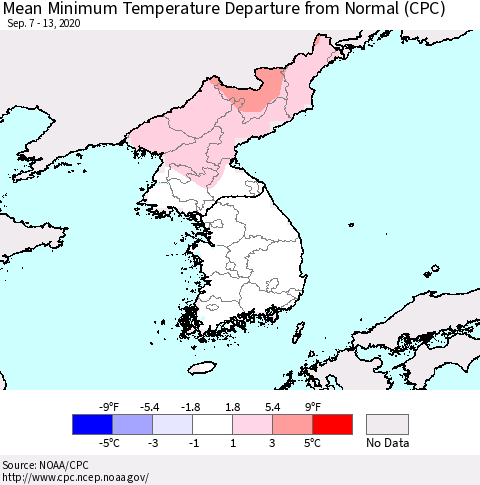 Korea Mean Minimum Temperature Departure from Normal (CPC) Thematic Map For 9/7/2020 - 9/13/2020