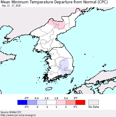 Korea Mean Minimum Temperature Departure from Normal (CPC) Thematic Map For 9/21/2020 - 9/27/2020