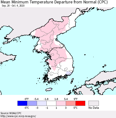Korea Mean Minimum Temperature Departure from Normal (CPC) Thematic Map For 9/28/2020 - 10/4/2020