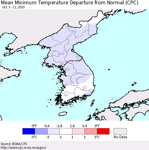 Korea Mean Minimum Temperature Departure from Normal (CPC) Thematic Map For 10/5/2020 - 10/11/2020