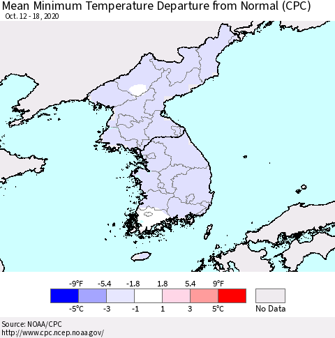 Korea Mean Minimum Temperature Departure from Normal (CPC) Thematic Map For 10/12/2020 - 10/18/2020