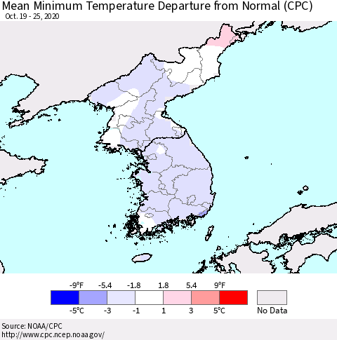 Korea Mean Minimum Temperature Departure from Normal (CPC) Thematic Map For 10/19/2020 - 10/25/2020