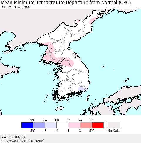 Korea Mean Minimum Temperature Departure from Normal (CPC) Thematic Map For 10/26/2020 - 11/1/2020