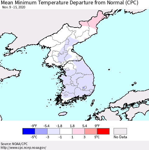 Korea Mean Minimum Temperature Departure from Normal (CPC) Thematic Map For 11/9/2020 - 11/15/2020