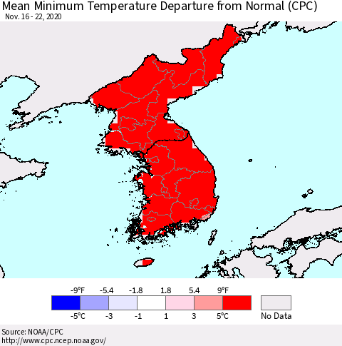 Korea Mean Minimum Temperature Departure from Normal (CPC) Thematic Map For 11/16/2020 - 11/22/2020