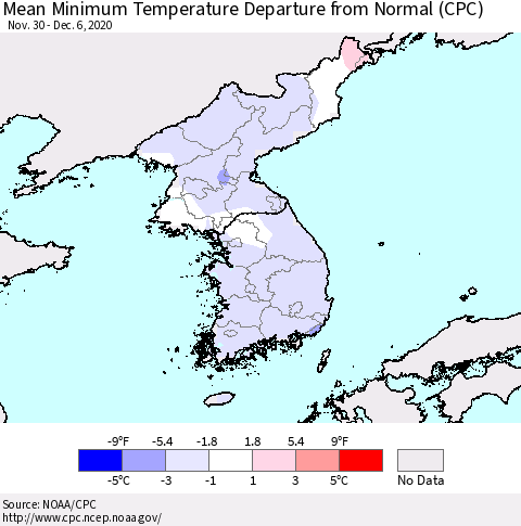 Korea Mean Minimum Temperature Departure from Normal (CPC) Thematic Map For 11/30/2020 - 12/6/2020