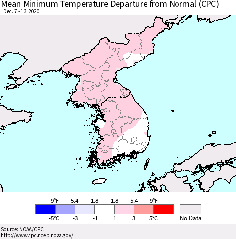 Korea Mean Minimum Temperature Departure from Normal (CPC) Thematic Map For 12/7/2020 - 12/13/2020