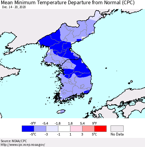 Korea Mean Minimum Temperature Departure from Normal (CPC) Thematic Map For 12/14/2020 - 12/20/2020