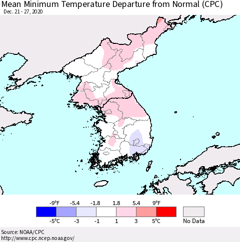 Korea Mean Minimum Temperature Departure from Normal (CPC) Thematic Map For 12/21/2020 - 12/27/2020